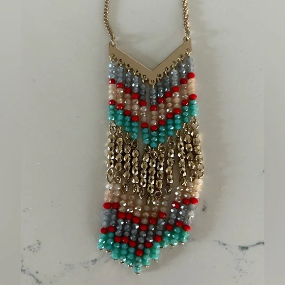 Beaded Chevron Boho Necklace Gold Tone Premier Designs - Picture 1 of 4